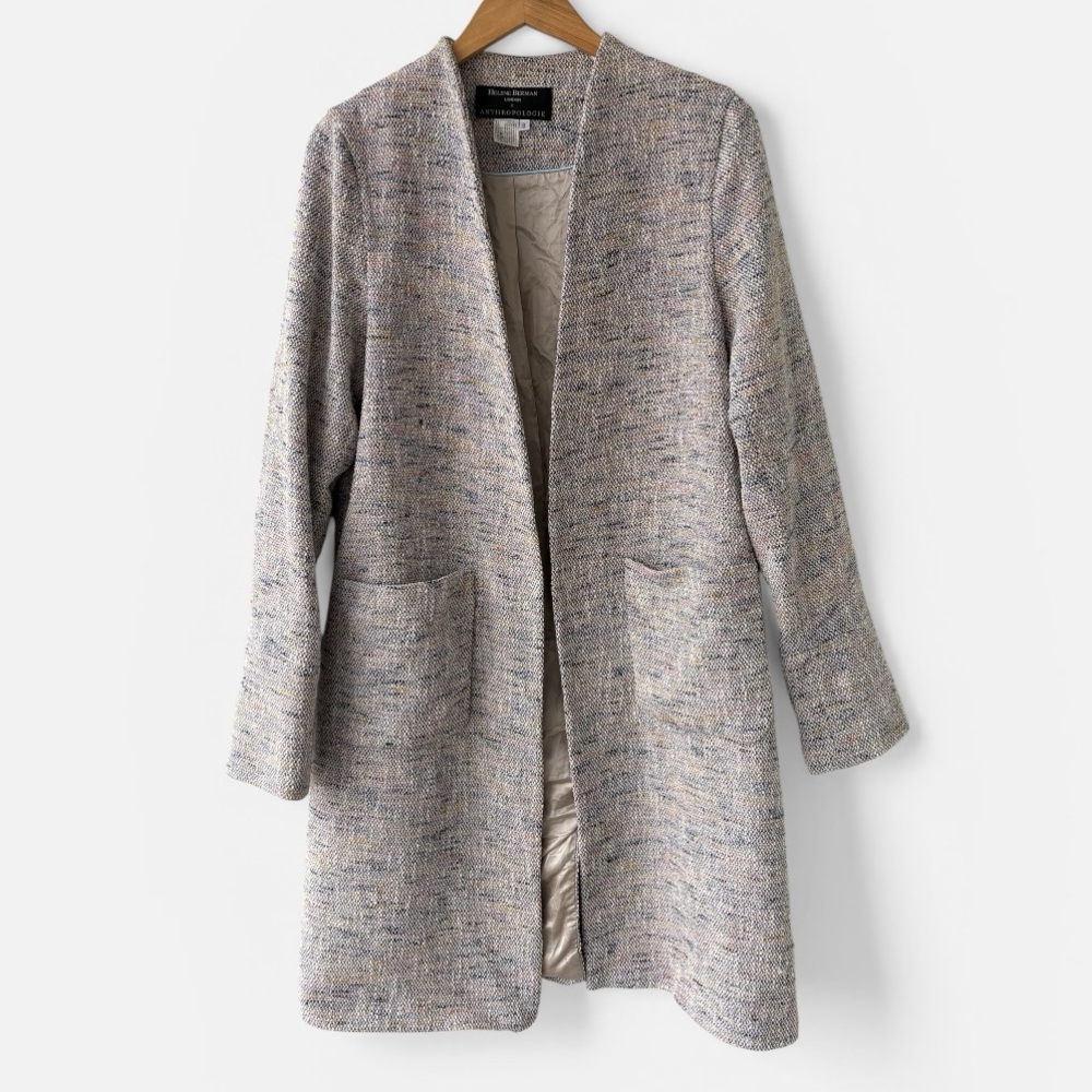 Helene Berman London X Anthropologie Bouclé Tweed Coat Open Front Size 8